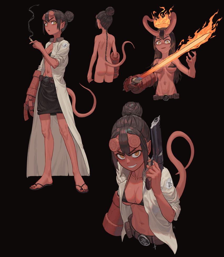 1girl absurdres ass bikini bikini_top_only black_background black_skirt breasts brown_eyes cigar colored_skin cross crucifix demon_girl demon_horns demon_tail fire flaming_crown flaming_sword flaming_weapon flip-flops genderswap genderswap_(mtf) gun hair_bun handgun hellboy hellboy_(comic) highres horns max-k navel nude red_skin revolver sandals simple_background skirt swimsuit tail trench_coat weapon