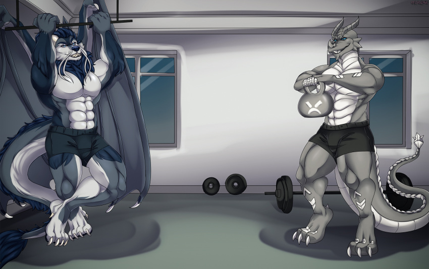 abs accessory anthro biceps blue_eyes canid canine canis claws clothing digital_media_(artwork) digitigrade dragon duo exercise flexing grey_body grin gym hi_res hybrid kardukk kettlebell kobold looking_at_another male mammal multicolored_body myst paws pecs pull-up_(exercise) reptile scalie shaded signature simple_background smile spikes stevlong teeth two_tone_body two_tone_tail underwear white_body wolf