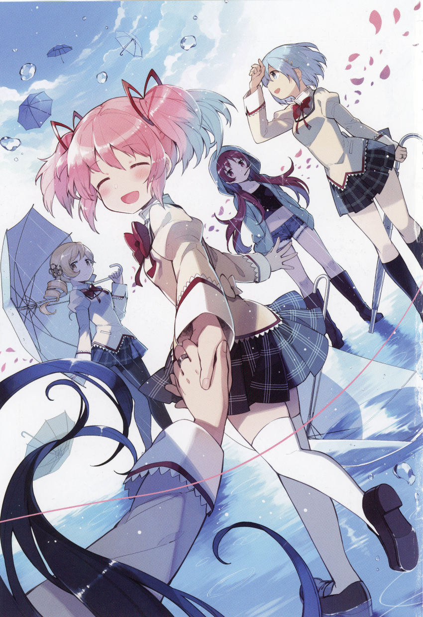 5girls ^_^ absurdres akemi_homura back_bow black_footwear black_hair black_legwear black_skirt blonde_hair blouse blue_eyes blue_hair blue_sky boots bow breasts closed_eyes cloud cloudy_sky crop_top day denim denim_shorts dot_nose drill_hair dutch_angle eyebrows_visible_through_hair facing_viewer fingernails floating_hair flower food food_in_mouth green_hoodie hair_flower hair_ornament hair_ribbon hairclip hairpin hands_in_pockets hanokage happy high_collar highres holding_hands hood hood_up hoodie jewelry juliet_sleeves kaname_madoka knee_boots kneehighs light_blush light_particles loafers long_sleeves looking_up mahou_shoujo_madoka_magica micro_shorts midriff miki_sayaka mitakihara_school_uniform multiple_girls navel neck_ribbon official_art open_clothes open_hoodie open_mouth outdoors outstretched_arm pantyhose petals pink_hair plaid plaid_skirt pleated_skirt pocky pov pov_hands puffy_sleeves rain red_eyes red_hair red_ribbon reflection reflective_water ribbon ring ripples sakura_kyouko school_uniform shade shading_eyes shadow shiny shiny_hair shoes short_hair shorts sideboob sideways_glance skirt sky small_breasts smile standing standing_on_one_leg straight_hair string thighhighs tomoe_mami transparent transparent_umbrella twin_drills twintails umbrella under_umbrella water water_drop white_legwear yellow_eyes zettai_ryouiki