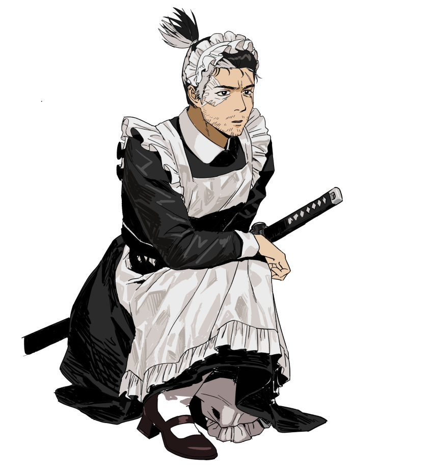 1boy absurdres apron black_eyes black_footwear crossdressing facial_hair full_body high_ponytail highres katana maid_apron maid_headdress male_focus mary_janes multicolored_hair one_knee pantyhose parody parted_lips scar scar_on_face sekiro sekiro:_shadows_die_twice shoes simple_background solo ssanghwa_tang1 stubble sword two-tone_hair weapon white_apron white_background white_hair white_legwear