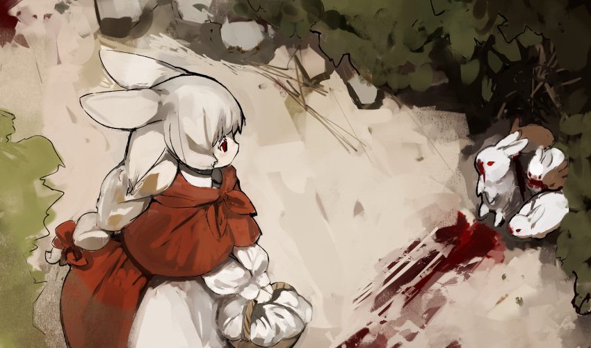 1girl albino animal_ears blood bow braid braided_ponytail bunny cape dress from_above hair_bow highres long_hair original rabbit_ears rabbit_girl red_bow red_cape red_eyes shirokujira white_dress white_hair wicker_basket