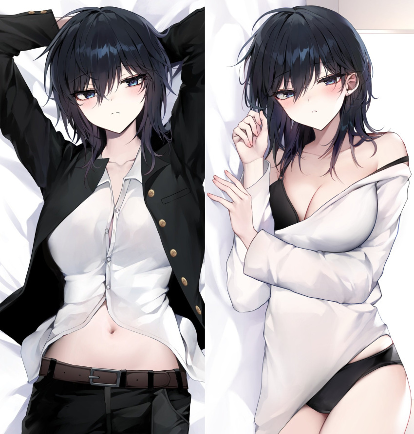 1girl arms_up bara_(03_bara_) black_bra black_hair black_jacket black_panties black_pants blush bra breasts button_gap cleavage collage collarbone contrast expressionless gakuran hair_between_eyes highres jacket jitome large_breasts looking_at_viewer lying medium_hair midriff_peek navel on_back on_side original panties pants school_uniform shirt strap_slip underwear white_shirt yokoyama_ishimi