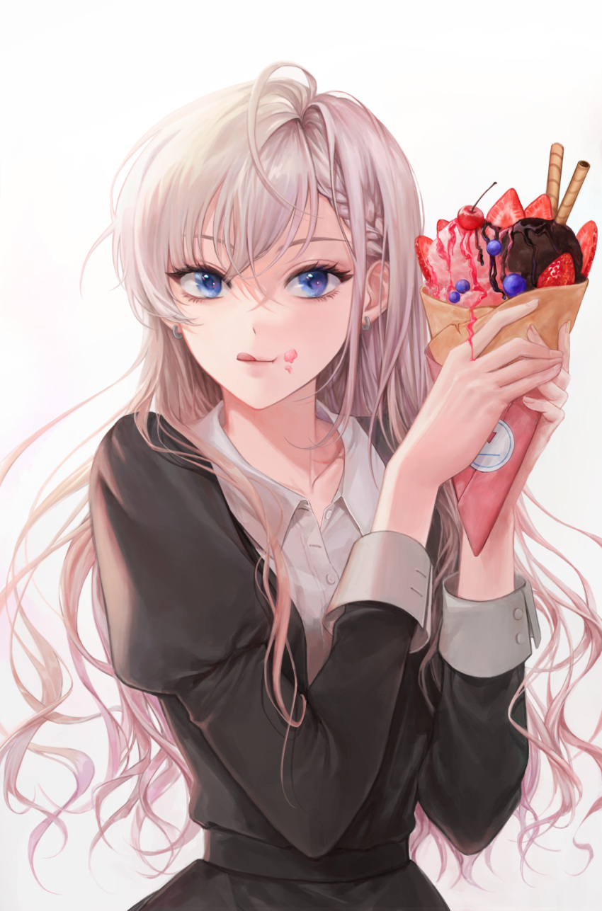 1girl :q absurdres bangs berry black_dress blue_eyes braid braided_bangs cherry closed_mouth collarbone collared_dress cream cream_on_face crepe dress earrings eyebrows_behind_hair eyelashes food food_on_face food_on_hand food_wrapper fruit grey_hair hair_behind_ear hands_up highres hisakawa_hayate holding holding_food idolmaster idolmaster_cinderella_girls idolmaster_cinderella_girls_starlight_stage jewelry juliet_sleeves long_hair long_sleeves looking_at_viewer messy_hair open_collar partially_unbuttoned puffy_sleeves silver_hair simple_background sleeve_cuffs smile solo strawberry tanna tongue tongue_out upper_body wavy_hair white_background