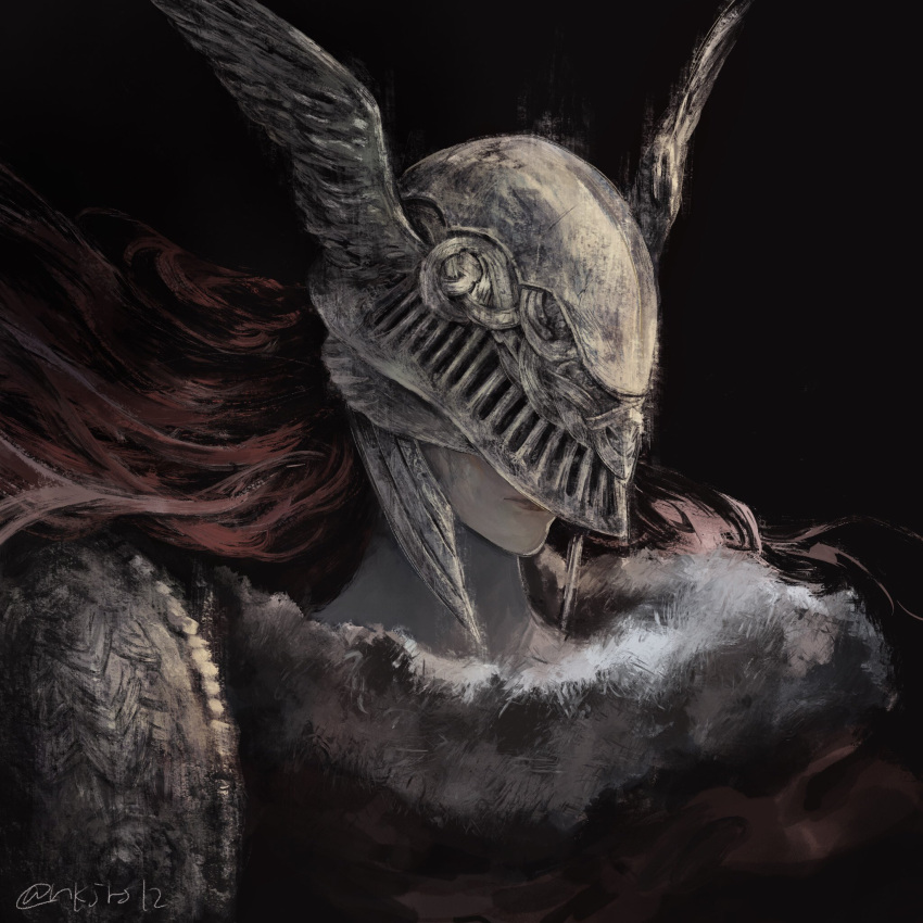 1girl black_background closed_mouth elden_ring floating_hair fune_(nkjrs12) helmet highres long_hair malenia_blade_of_miquella muted_color portrait red_hair simple_background solo twitter_username winged_helmet