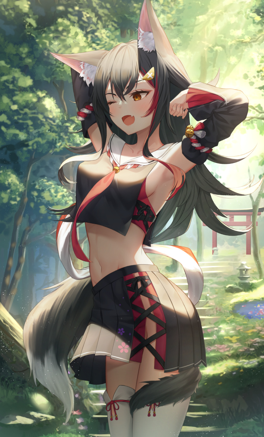 1girl ;d animal_ears armpits arms_up bare_shoulders bell black_hair black_shirt black_skirt breasts brown_eyes crop_top crop_top_overhang detached_sleeves fang hair_ornament hairclip highres hololive jingle_bell kouhaku_nawa long_sleeves looking_away medium_breasts midriff miniskirt multicolored_hair navel necktie no_panties one_eye_closed ookami_mio pleated_skirt revealing_clothes rope sailor_collar shimenawa shirt shuvi_(shuvi1125) side_slit skirt sleeveless sleeveless_shirt smile solo stomach streaked_hair tail thighhighs virtual_youtuber white_legwear wolf_ears wolf_girl wolf_tail zettai_ryouiki