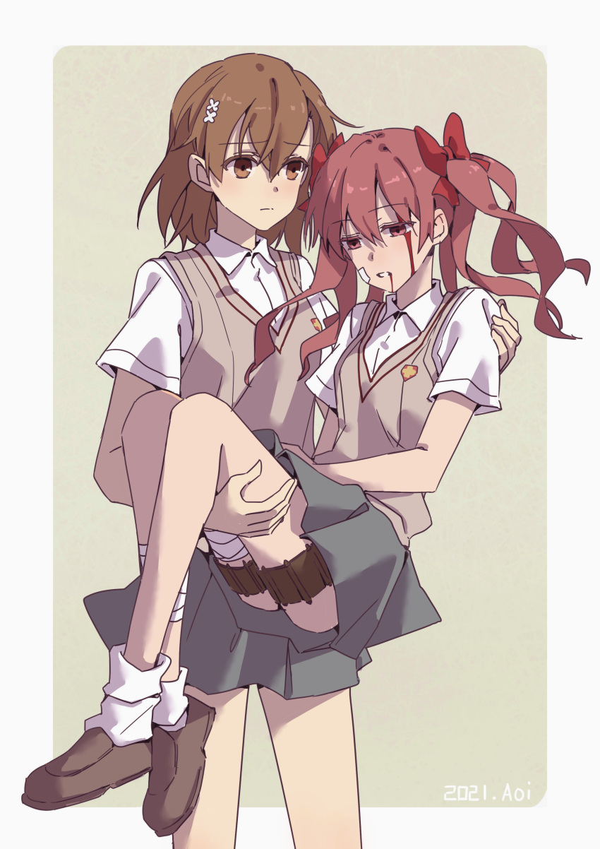 2girls absurdres bandages blood brown_eyes brown_footwear brown_hair carrying frown grey_skirt hair_ribbon highres holding holding_person huakuiliehuo hurt misaka_mikoto multiple_girls pink_eyes pink_hair princess_carry red_ribbon ribbon sad school_uniform shirai_kuroko shirt shoes short_hair skirt socks toaru_kagaku_no_railgun toaru_majutsu_no_index tokiwadai_school_uniform twintails white_legwear white_shirt yuri