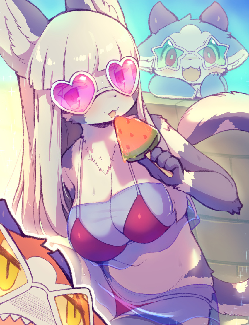 absurd_res ambiguous_gender anthro beach bikini clothing conditional_dnp crunchobar digital_media_(artwork) domestic_cat eyewear felid feline felis female food group hair hi_res horn ika_devil mammal open_mouth popsicle popsicle_melting seaside sunglasses swimwear tongue tongue_out