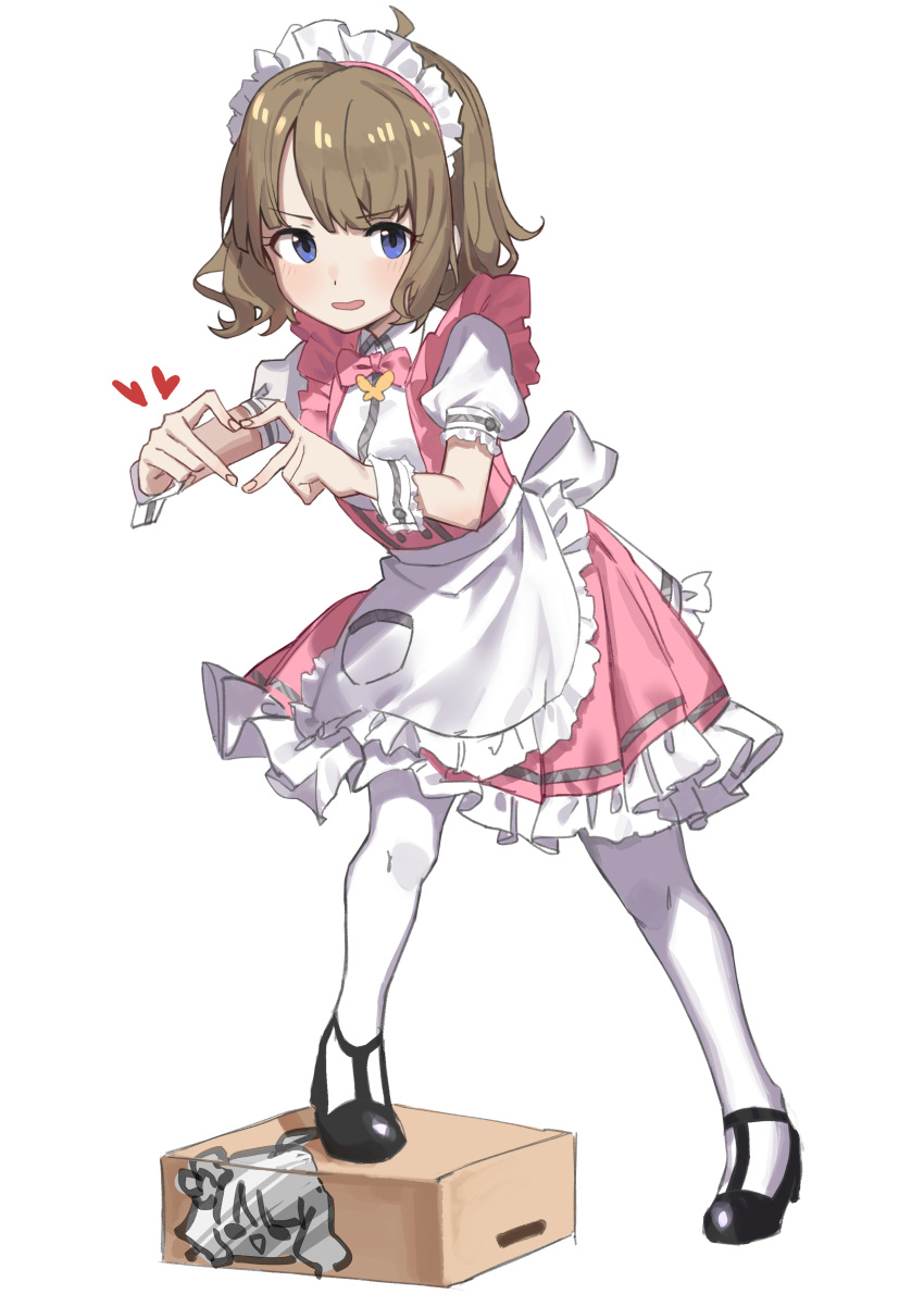1girl absurdres ahoge apron black_footwear blue_eyes blush box brown_hair dress eyebrows_visible_through_hair frilled_dress frills full_body haruyuki_(gffewuoutgblubh) heart heart_hands highres idolmaster idolmaster_million_live! looking_at_viewer maid maid_apron maid_headdress open_mouth pink_dress shoes simple_background solo standing_on_box suou_momoko white_background white_legwear wrist_cuffs