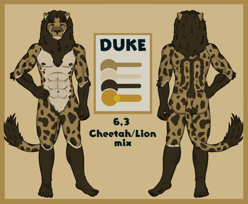 anthro brown_body brown_fur cheetah felid feline fur hand_on_hip hi_res lewd_latte lion male mammal model_sheet pantherine shaded solo spots spotted_body spotted_fur tall yellow_eyes