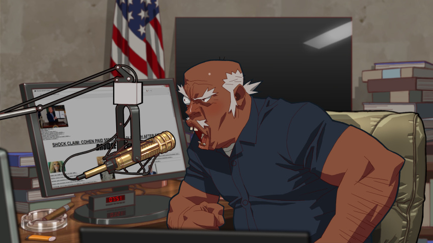 1boy absurdres american_flag arm_hair article ashtray balding blue_shirt book brown_eyes chair cigar clock computer dark-skinned_male dark_skin donald_trump english_commentary grey_hair highres light lighter male_focus microphone monitor old old_man ponytail seung_eun_kim shirt sitting the_boondocks uncle_ruckus undershirt window