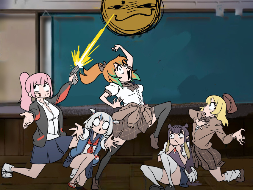 5girls :d bangs beret black_legwear blonde_hair blue_hair facing_viewer gawr_gura gun handgun hare_hare_yukai hat highres holding holding_gun holding_weapon hololive hololive_english holomyth jacket kneeling long_hair loose_socks mori_calliope multiple_girls ninomae_ina'nis open_mouth orange_hair pink_hair pleated_skirt ponytail purple_hair sandals school_uniform serafuku skirt smile suzumiya_haruhi_no_yuuutsu sweat takanashi_kiara thighhighs virtual_youtuber watson_amelia weapon white_legwear zedd_(zedgawr)