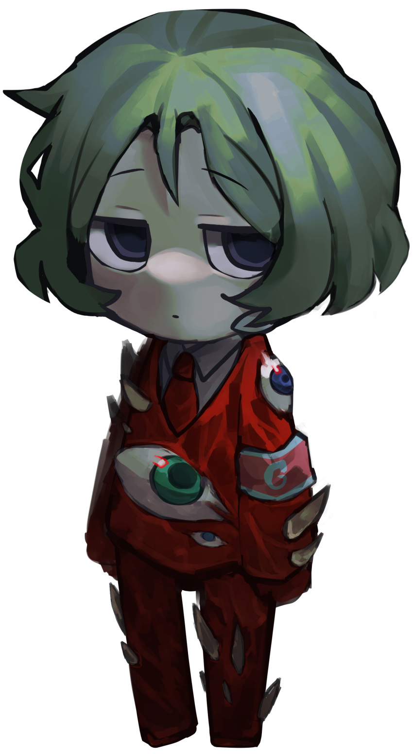 absurdres blue_eyes bone chibi closed_mouth coco_(556ch0cl8) collared_shirt colored_skin expressionless eyeball formal full_body green_hair highres jitome lobotomy_corporation necktie red_necktie red_suit shirt short_hair standing suit transparent_background white_shirt white_skin