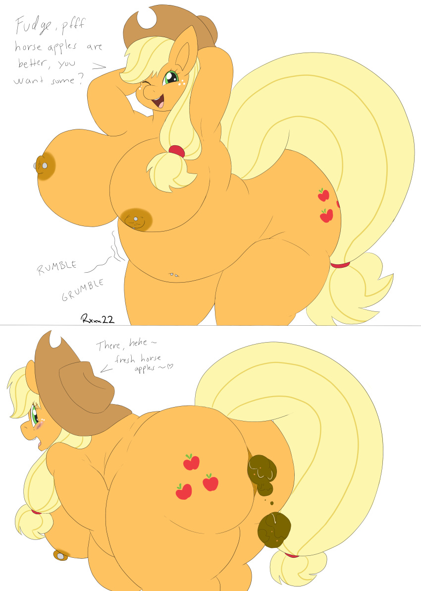 absurd_res anthro anthrofied anus applejack_(mlp) big_breasts big_butt blonde_hair blush bouncing_breasts breasts bubble butt clothing cowboy_hat cutie_mark earth_pony english_text equid equine eyelashes feces female flat_colors freckles friendship_is_magic green_eyes hair hasbro hat headgear headwear hi_res horse imaranx mammal my_little_pony navel navel_piercing nipple_piercing nipples nude one_eye_closed onomatopoeia open_mouth open_smile overweight overweight_anthro overweight_female piercing pony pose raised_tail scat smile sound_effects text yellow_tail