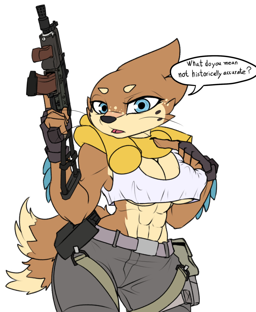 2_tails abs anthro belt blue_eyes breasts buizel claws clothed clothing dialogue digital_media_(artwork) dipstick_tail english_text female fin floatie freckles fur gloves gun handwear hi_res holding_gun holding_object holding_weapon humor looking_at_viewer mammal markings meta multi_tail multicolored_body multicolored_fur muscular muscular_female nintendo nipple_outline open_mouth pok&eacute;mon pok&eacute;mon_(species) pouch_(disambiguation) pretzie ranged_weapon shirt simple_background solo submachine_gun tactical_gear tail_markings talking_to_viewer tank_top text topwear two_tone_body two_tone_fur video_games weapon whiskers