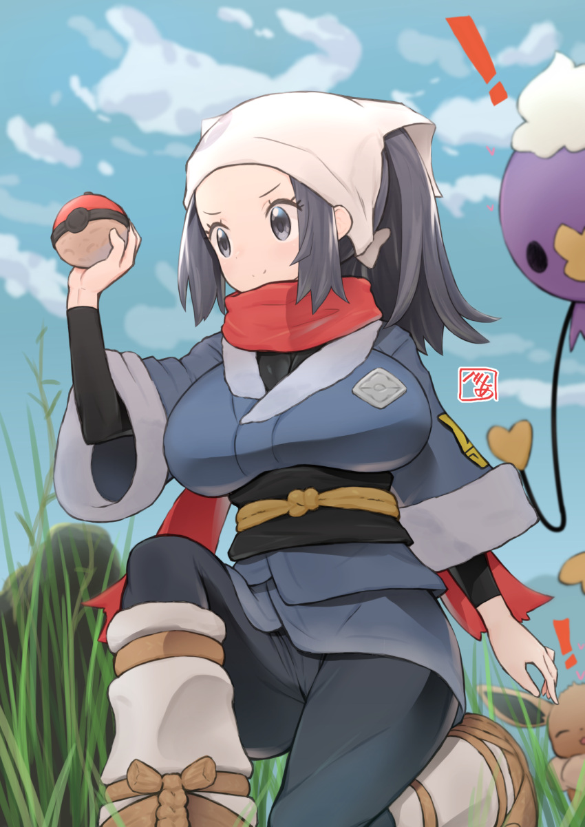 ! 1girl akari_(pokemon) bea_(bropmlk) black_undershirt blue_eyes blue_hair breasts cloud commentary day drifloon eevee floating_scarf galaxy_expedition_team_survey_corps_uniform grass hand_up head_scarf highres holding holding_poke_ball large_breasts one_knee outdoors pantyhose poke_ball poke_ball_(legends) pokemon pokemon_(creature) pokemon_(game) pokemon_legends:_arceus red_scarf scarf sky