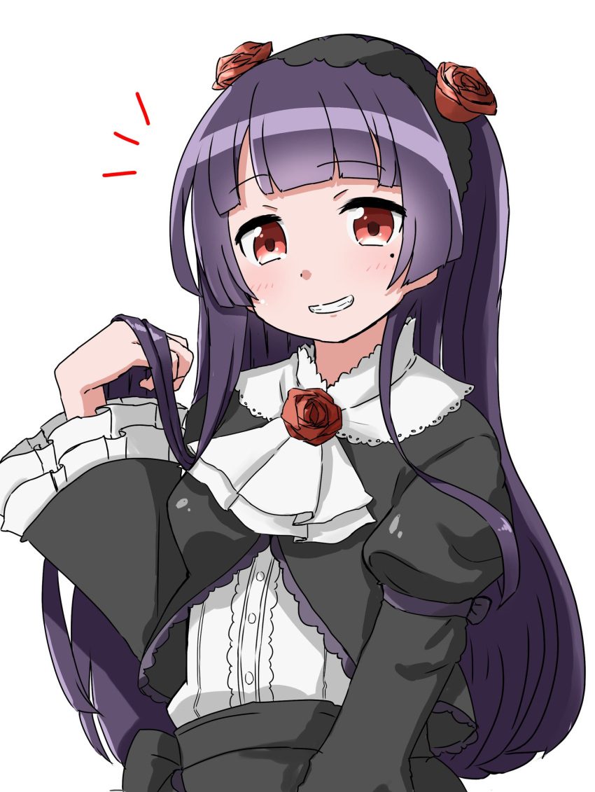 black_jacket collar frilled_jacket frilled_shirt frilled_sleeves frills gokou_ruri gothic_lolita hand_in_hair highres hime_cut jacket lolita_fashion mole mole_under_eye ore_no_imouto_ga_konna_ni_kawaii_wake_ga_nai purple_hair rasis_kobato red_eyes rose_hair_ornament shirt smile teeth white_background white_collar white_shirt