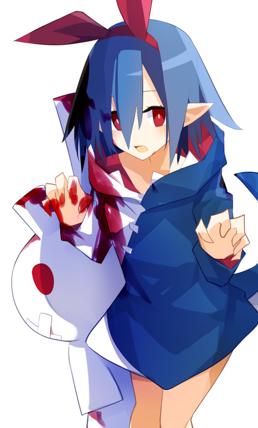 1girl alternate_costume blood blue_hair bunny disgaea hair_ribbon highres looking_at_viewer makai_senki_disgaea nanozenzen pleinair pointy_ears red_eyes ribbon short_hair simple_background solo stuffed_animal stuffed_bunny stuffed_toy usagi-san white_background