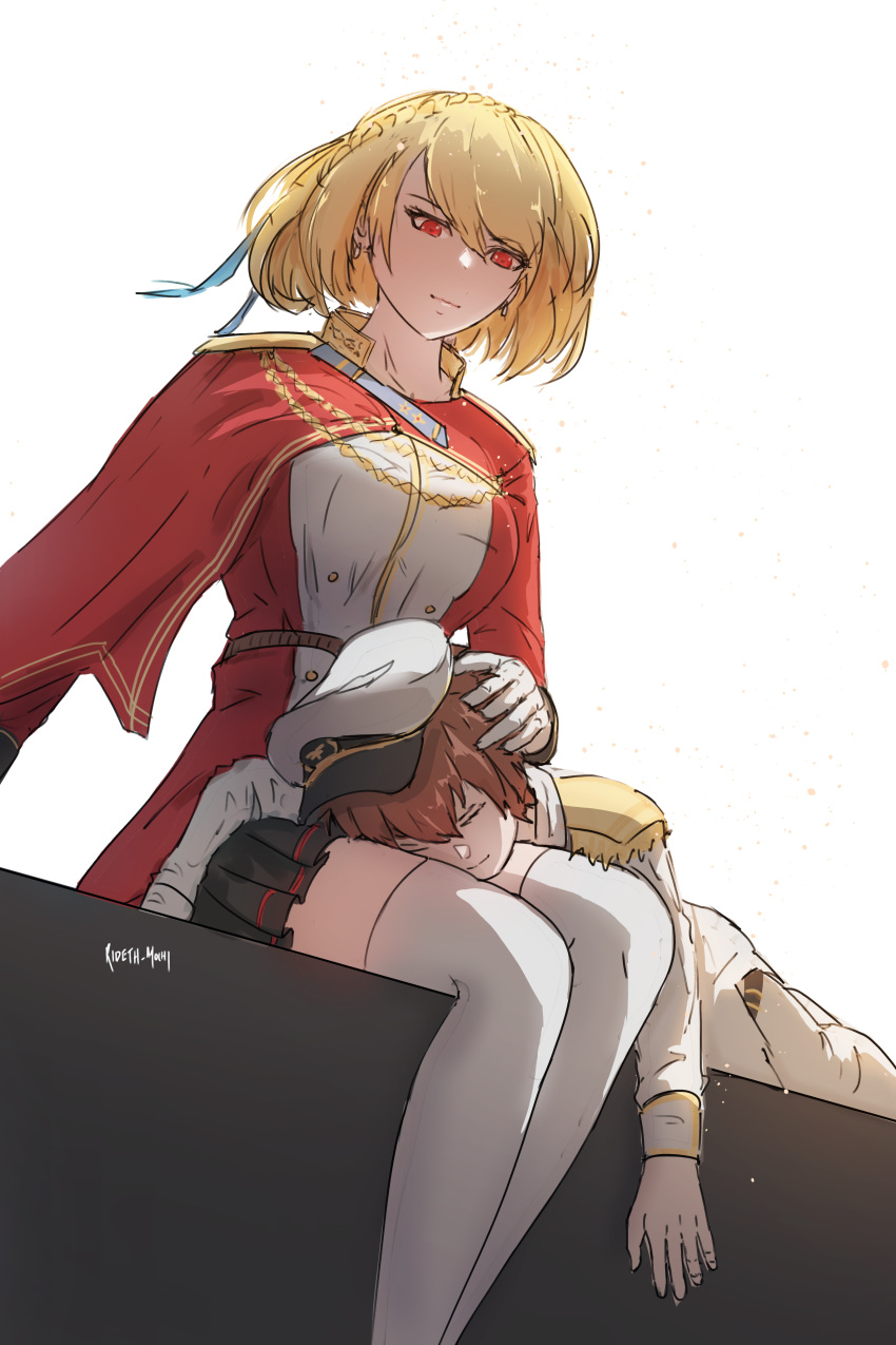 1boy 1girl absurdres age_difference artist_name azur_lane blonde_hair braid cape commander_(azur_lane) commission crown_braid english_commentary hand_on_another's_head hat highres lap_pillow little_boy_commander_(azur_lane) military military_uniform naval_uniform onee-shota pleated_skirt prince_of_wales_(azur_lane) red_eyes rideth_mochi sitting skirt thighhighs uniform