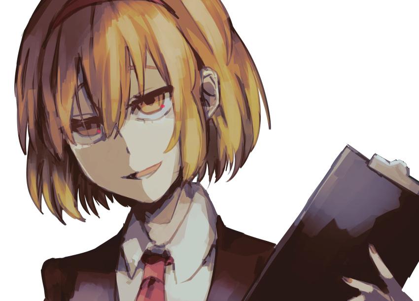 1girl absurdres black_jacket blonde_hair clipboard coco_(556ch0cl8) collared_shirt eyebrows_behind_hair formal hair_between_eyes highres holding holding_clipboard jacket jitome lobotomy_corporation malkuth_(lobotomy_corporation) necktie open_mouth orange_nails red_necktie sanpaku shirt smile solo suit suit_jacket white_background white_shirt yellow_eyes