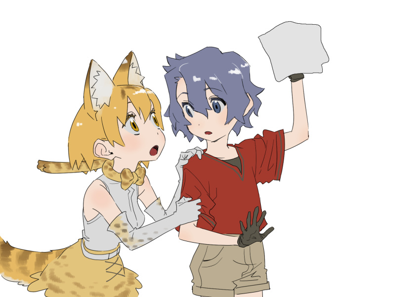 2girls :o against_fourth_wall animal_ear_fluff animal_ears animal_print arm_grab arm_up bangs bare_shoulders beige_shorts belt black_gloves black_undershirt blonde_hair blue_eyes bow bowtie cat_ears cleaning cowboy_shot cross-laced_clothes d: dark_blue_hair dilated_pupils dot_nose elbow_gloves extra_ears eye_contact eyebrows_behind_hair eyebrows_visible_through_hair eyelashes eyes_visible_through_hair flat_color gen-san_(x_xxxg) gloves hand_on_another's_arm hand_on_another's_shoulder hand_up high-waist_skirt highres kaban_(kemono_friends) kemono_friends looking_at_another looking_to_the_side looking_up multiple_girls negative_space no_headwear no_helmet open_hand open_mouth parted_bangs print_bow print_bowtie print_gloves print_skirt rag red_shirt serval_(kemono_friends) serval_print shirt shirt_tucked_in short_hair short_sleeves shorts simple_background skirt sleeveless sleeveless_shirt standing striped_tail tail tareme undershirt wavy_hair white_background white_belt white_gloves white_shirt yellow_eyes yellow_skirt