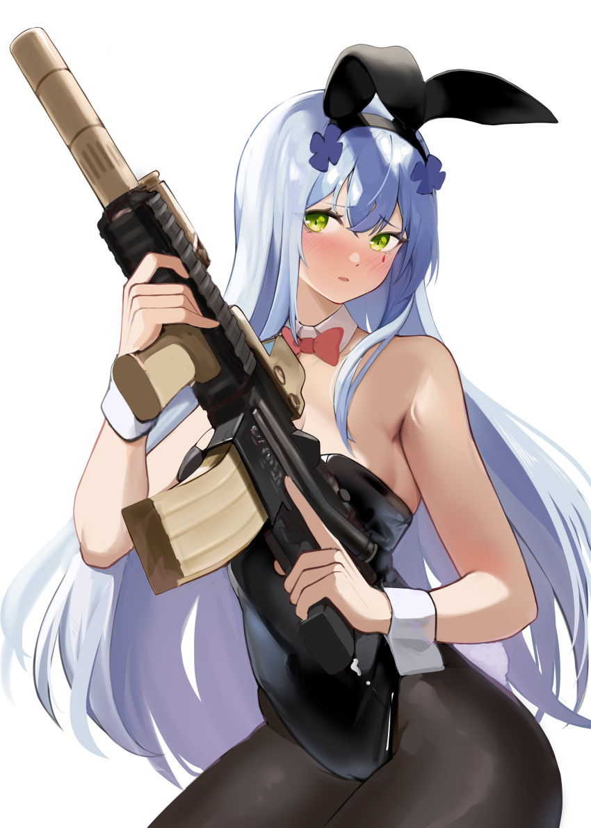 1girl 1z10 absurdres animal_ears assault_rifle bangs bare_shoulders black_leotard blush bow bowtie breasts cleavage collarbone cowboy_shot crossed_bangs detached_sleeves eyebrows_visible_through_hair facial_mark fake_animal_ears fake_tail full-face_blush girls'_frontline green_eyes gun h&amp;k_hk416 hair_between_eyes hair_ornament heckler_&amp;_koch highleg highleg_leotard highres hk416_(girls'_frontline) leotard light_blue_hair long_hair open_mouth pantyhose playboy_bunny rabbit_ears rabbit_tail red_bow red_bowtie rifle shiny shiny_clothes simple_background solo tail teardrop teardrop_facial_mark teardrop_tattoo weapon white_background wide_hips wrist_cuffs x_hair_ornament
