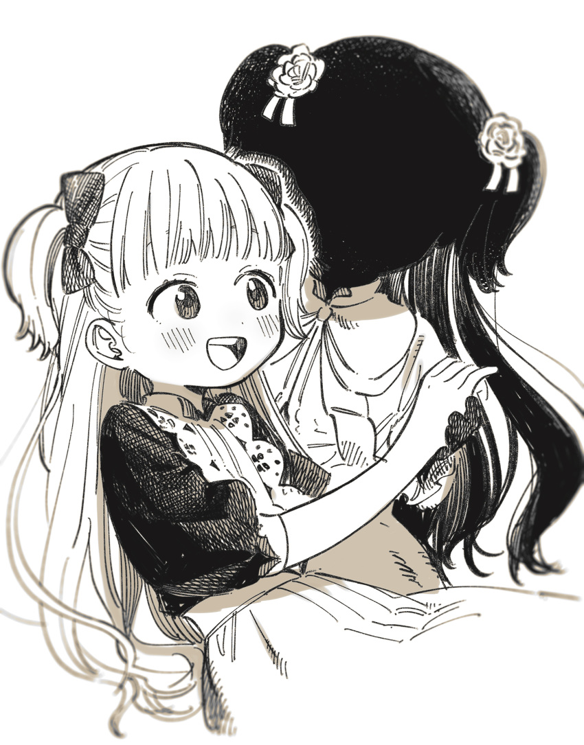 2girls :d apron bangs black_skin blush bow colored_skin commentary_request couple cowboy_shot crosshatching dot_nose emilico_(shadows_house) eyebrows_behind_hair flower greyscale hair_bow hair_flower hair_ornament hand_up hantsuki_(ichigonichiya) happy hatching_(texture) high_collar highres holding_hands kate_(shadows_house) linear_hatching long_hair looking_at_another looking_to_the_side maid_apron mixed_media monochrome multiple_girls open_mouth puffy_short_sleeves puffy_sleeves round_teeth shadow_(shadows_house) shadows_house short_sleeves silhouette simple_background sleeves_past_elbows smile tareme teeth tongue traditional_media two_side_up upper_teeth white_background yuri