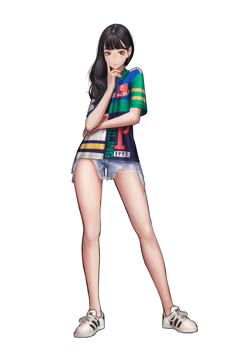 1girl absurdres bangs black_hair brown_hair closed_mouth commentary denim denim_shorts full_body highres jungon_kim legs long_hair looking_at_viewer original shirt short_sleeves shorts simple_background solo standing t-shirt torn_clothes torn_shorts white_background white_legwear