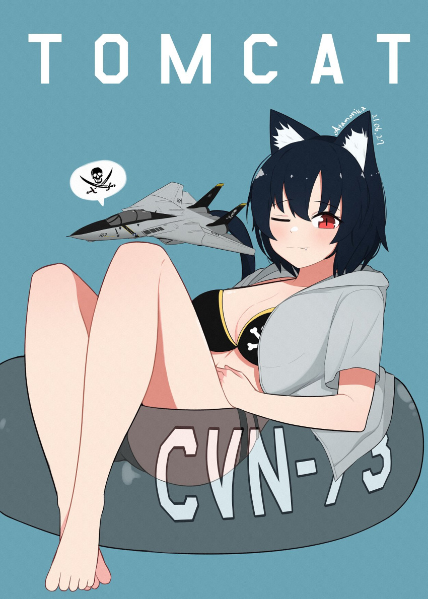 1girl aircraft airplane animal_ears artist_name atamonica bikini black_bikini black_hair blush breasts cat_ears cat_tail character_name cleavage commentary crossed_legs f-14_tomcat fang fighter_jet highres jacket jacket_over_swimsuit jet looking_at_viewer military military_vehicle original red_eyes short_hair swimsuit tail