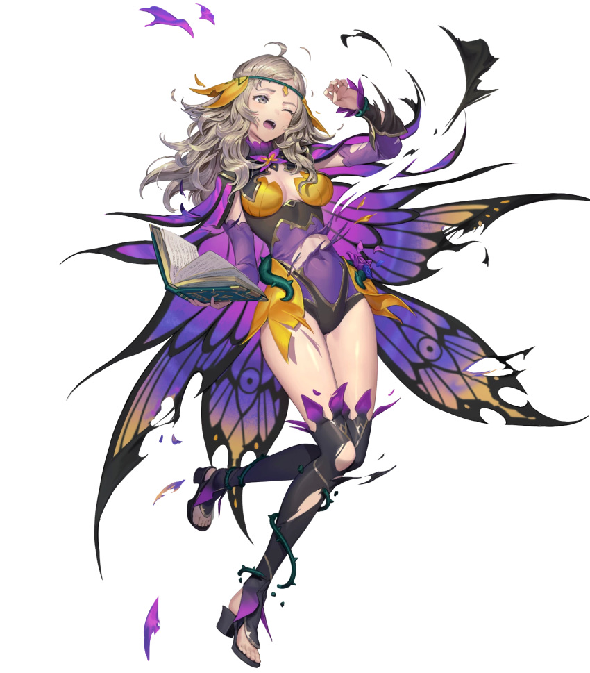 1girl ahoge alternate_costume bangs blonde_hair boots breasts brown_eyes cape detached_sleeves fire_emblem fire_emblem_fates fire_emblem_heroes full_body gesoking gradient gradient_clothes hair_ornament hand_up highres leotard long_hair medium_breasts non-web_source official_art ophelia_(fire_emblem) shiny shiny_hair shiny_skin solo thigh_boots thighhighs toeless_footwear toes transparent_background