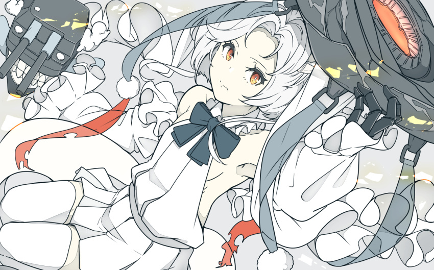 1girl abyssal_jade_princess abyssal_ship black_bow black_bowtie bow bowtie breasts closed_mouth detached_sleeves dress frills grey_background hat holding holding_clothes holding_hat kantai_collection ninimo_nimo orange_eyes pale_skin short_hair simple_background skeletal_hand small_breasts solo teeth thighhighs turret white_dress white_hair white_legwear