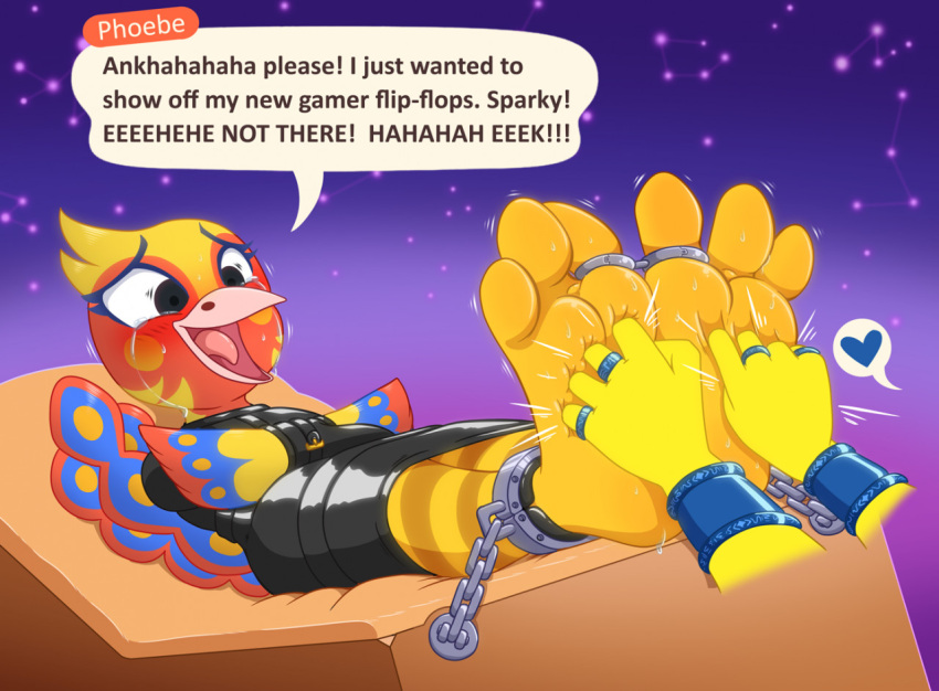 &lt;3 3_toes animal_crossing ankha_(animal_crossing) anthro avian bdsm bird blush bodily_fluids bondage bound caroo cuff_(restraint) dialogue disembodied_hand english_text feet female nintendo ostrich phoebe_(animal_crossing) ratite restraints shackles solo star tears text tickling toes toes_tied video_games