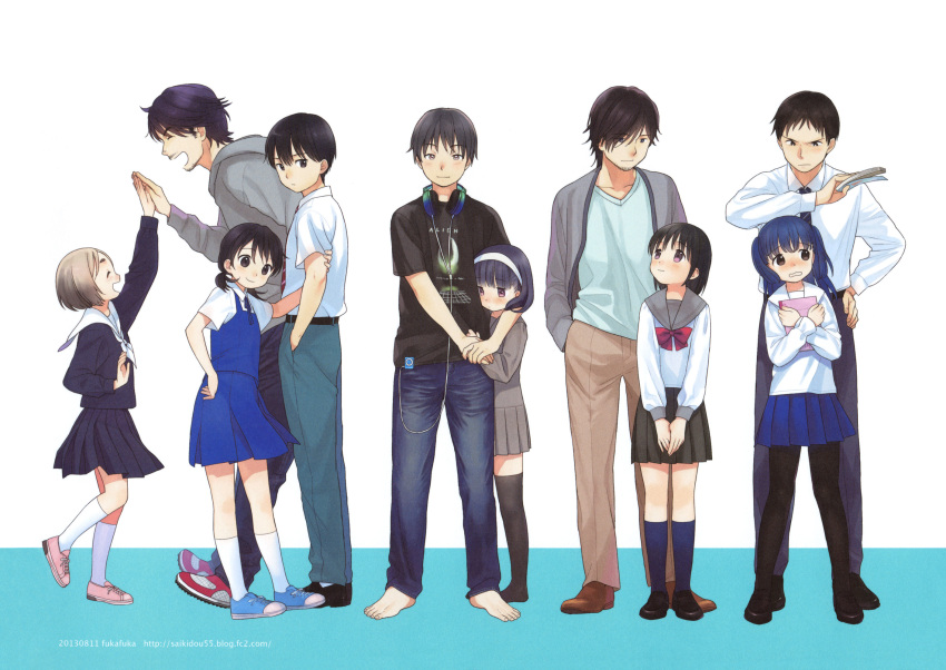 5boys 5girls age_difference alien_(movie) barefoot belt black_eyes black_footwear black_hair black_legwear black_skirt blue_eyes blue_footwear blue_hair blue_neckwear blue_serafuku blue_skirt blush bow bowtie brother_and_sister brown_footwear closed_eyes collared_shirt denim digital_media_player facial_hair full_body goatee gradient_hair grey_eyes grey_shirt grey_skirt hairband headphones headphones_around_neck high_five highres holding holding_another's_arm holding_hands holding_notebook hug jeans kneehighs light_brown_hair loafers long_sleeves looking_at_another low_twintails medium_hair multicolored_hair multiple_boys multiple_girls neck_ribbon necktie no_shoes non-web_source notebook open_mouth original pants pantyhose pink_footwear pleated_skirt profile purple_eyes red_footwear red_neckwear ribbon sailor_collar scan school_uniform sekiya_asami serafuku shirt shoes short_hair short_sleeves siblings skirt smile sneakers t-shirt thighhighs twintails two-tone_background wavy_mouth white_legwear white_shirt zettai_ryouiki