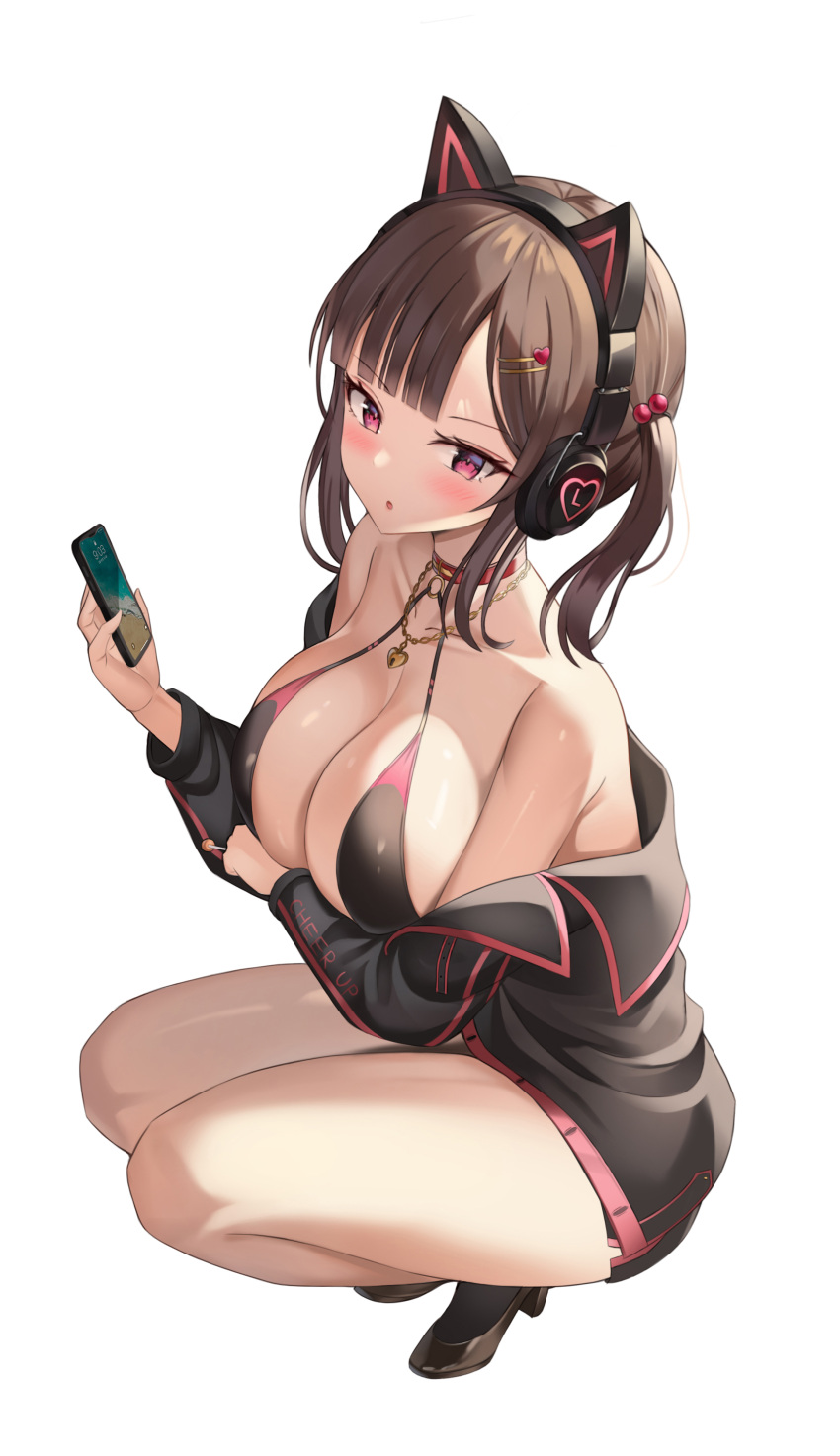 1girl absurdres animal_ears axent_wear bare_shoulders bikini black_bikini black_footwear black_jacket black_legwear black_skirt breasts brown_hair candy cat_ear_headphones cat_ears cellphone choker cleavage fake_animal_ears food hair_ornament hairclip halterneck headphones high_heels highres holding jacket jewelry kitin large_breasts lollipop long_hair long_sleeves looking_at_viewer miniskirt necklace off_shoulder original parted_lips phone red_choker side_slit skirt smartphone socks solo squatting string_bikini swimsuit thighs twintails