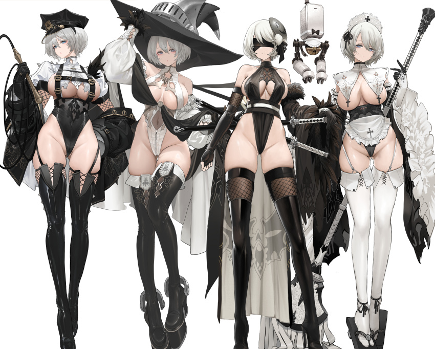 1girl absurdres alternate_costume apron ass_visible_through_thighs bangs bare_shoulders black_blindfold black_bow black_footwear black_gloves black_headwear black_leotard black_ribbon blindfold blue_eyes boots bow breasts cameltoe cleavage closed_mouth clothing_cutout commentary covered_eyes covered_nipples cross detached_sleeves dishwasher1910 dress elbow_gloves english_commentary fingerless_gloves floating frilled_apron frilled_sleeves frills full_body fur_trim garter_straps geta gloves groin hat high_heel_boots high_heels highleg highleg_leotard highres holding holding_mop katana large_breasts large_hat leotard long_legs long_sleeves looking_at_viewer maid_headdress marble_(stone) mask mask_on_head mop multiple_views nier_(series) nier_automata ninja no_bra no_panties parted_bangs pelvic_curtain platform_footwear pod_(nier_automata) puffy_short_sleeves puffy_sleeves revealing_clothes ribbon see-through short_hair short_sleeves silver_hair simple_background skindentation sleeves_past_fingers sleeves_past_wrists standing sword tabi thigh_boots thighhighs thighs waist_apron wand weapon whip white_apron white_background white_hair white_legwear white_leotard white_ribbon wide_sleeves witch_hat yorha_no._2_type_b