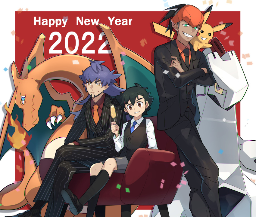 2022 3boys alternate_costume armchair ash_ketchum black_footwear black_jacket black_necktie black_pants blue_necktie chair charizard closed_mouth collared_shirt commentary_request confetti duraludon fire happy_new_year highres holding jacket kneehighs knees leon_(pokemon) long_sleeves male_focus multiple_boys necktie on_shoulder orange_necktie orange_shirt ou_negi pants pikachu pokemon pokemon_(anime) pokemon_(creature) pokemon_on_shoulder pokemon_swsh_(anime) raihan_(pokemon) red_shirt shirt shoes shorts sitting smile standing vest white_shirt