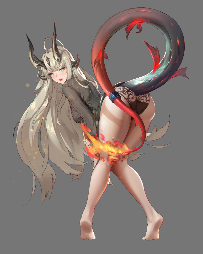 :d absurdres ahoge arknights baixu bangs bare_legs barefoot bent_over black_panties black_sweater blonde_hair blush breasts dragon_girl dragon_horns dragon_tail eyebrows_visible_through_hair flame-tipped_tail full_body grey_background highres horns infection_monitor_(arknights) large_breasts long_hair long_sleeves looking_at_viewer looking_back open_mouth panties reed_(arknights) simple_background smile soles standing sweater tail tail_ornament tail_ring trefoil underwear very_long_hair