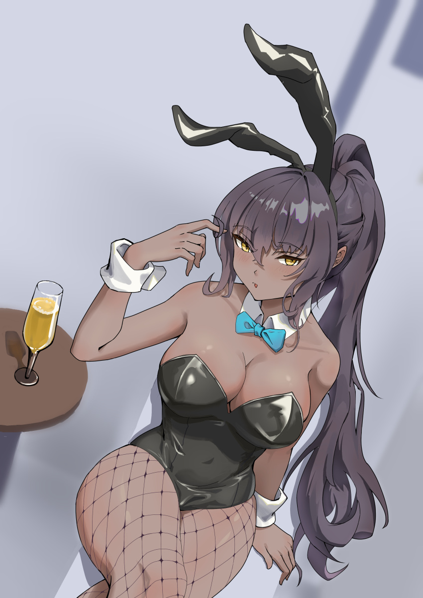 1girl :o absurdres animal_ears aqua_bow aqua_bowtie arm_up bangs bare_shoulders black_hair black_leotard blue_archive blush bow bowtie breasts cleavage collarbone covered_navel crossed_legs dark-skinned_female dark_skin eyebrows_visible_through_hair fake_animal_ears feet_out_of_frame fishnet_legwear fishnets glass hand_in_hair highres karin_(blue_archive) large_breasts leotard long_hair looking_at_viewer open_mouth pantyhose playboy_bunny ponytail rabbit_ears simple_background sitting solo table user_wfpz3258 yellow_eyes