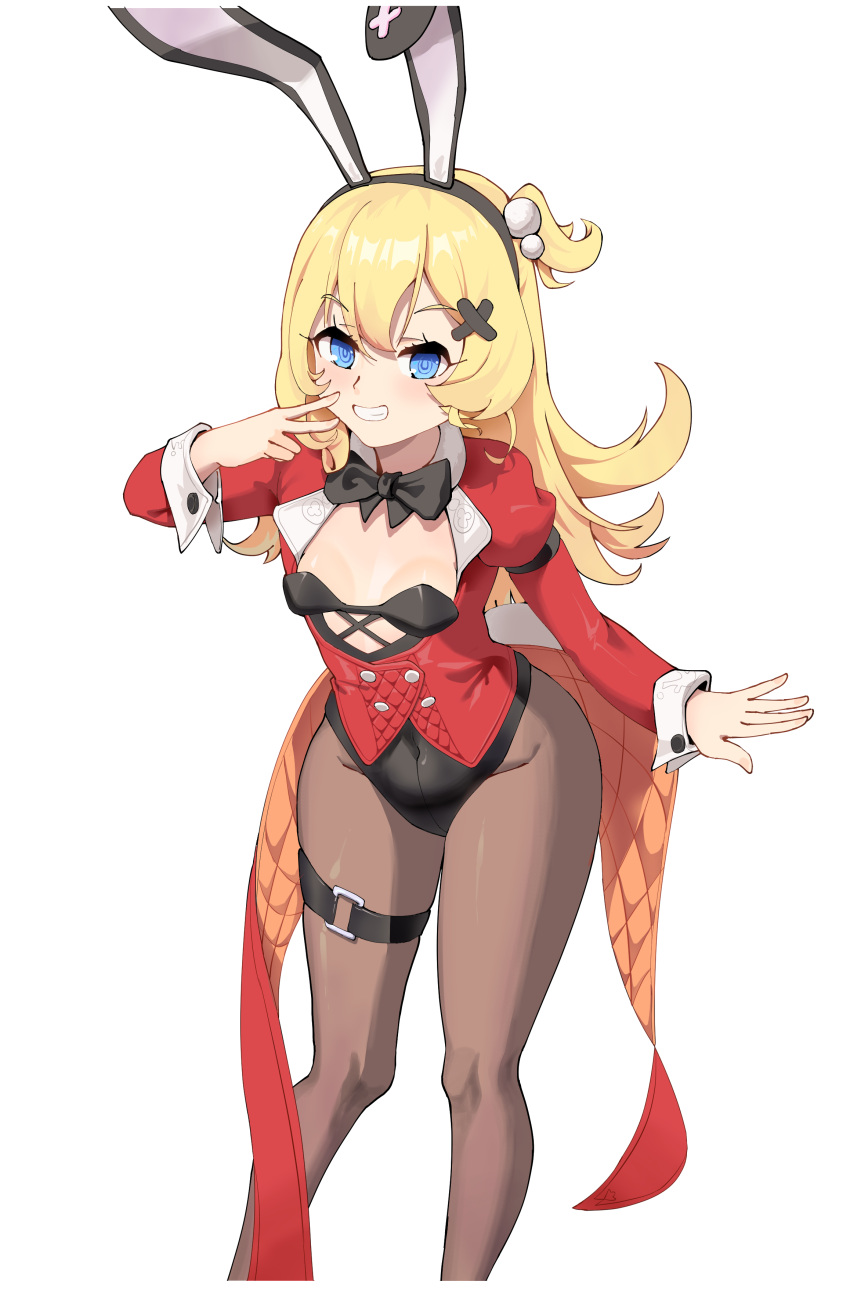 1girl abercrombie_(azur_lane) abercrombie_(mischief_on_the_rocks)_(azur_lane) absurdres animal_ears azur_lane bangs black_bow black_bowtie black_legwear black_leotard blonde_hair blue_eyes bow bowtie breasts cloak covered_navel cropped_legs eyebrows_visible_through_hair fake_animal_ears hair_ornament hairclip highres jacket leotard long_hair looking_at_viewer official_alternate_costume open_mouth pantyhose playboy_bunny rabbit_ears red_jacket small_breasts smile solo standing teeth user_wfpz3258 v white_background