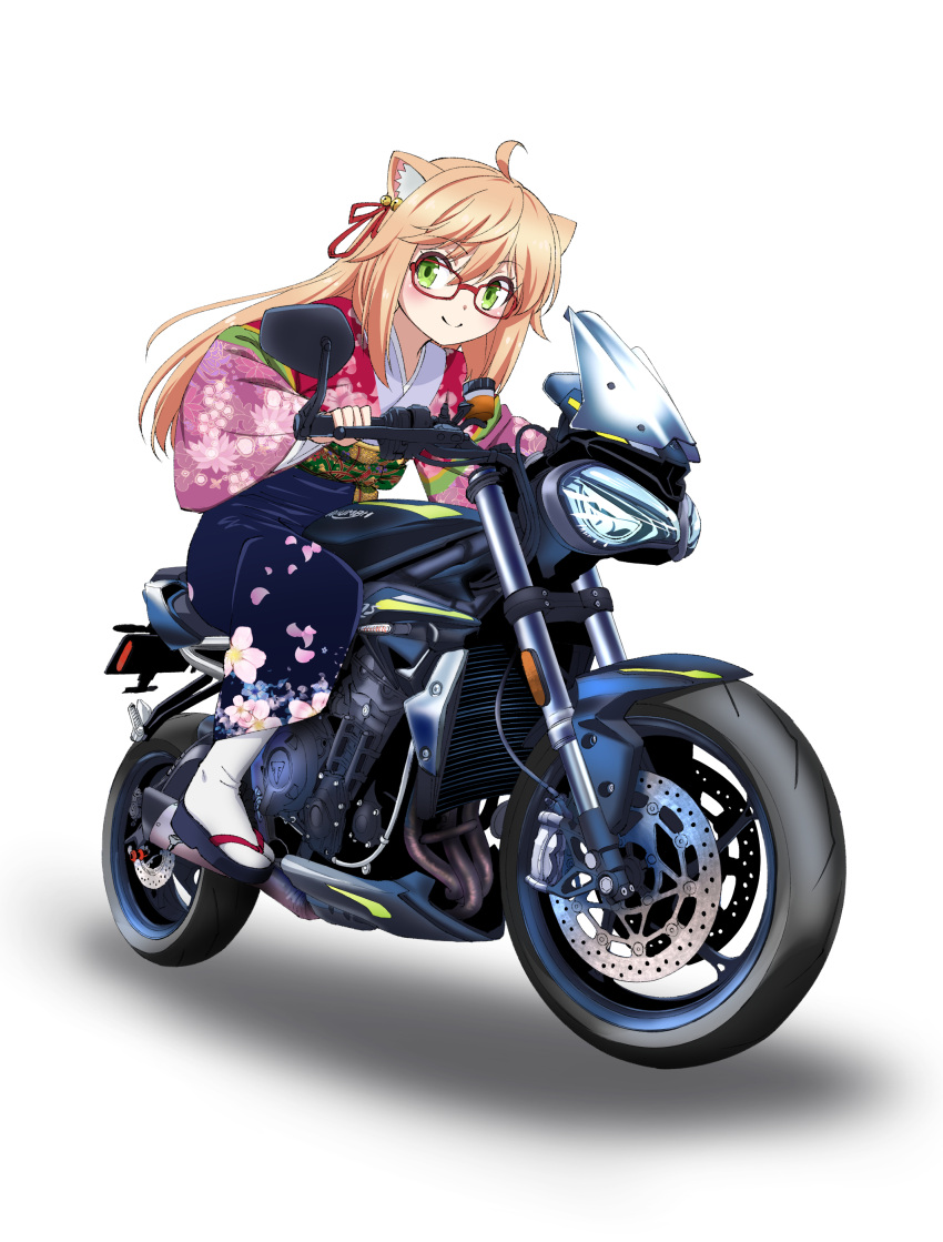 absurdres ahoge animal_ears bell blonde_hair blue_hakama blush closed_mouth commission copyright_request green_eyes ground_vehicle hair_bell hair_ornament hair_ribbon hakama haori highres ishii_hisao japanese_clothes jingle_bell long_sleeves looking_at_viewer motor_vehicle motorcycle red-framed_eyewear red_ribbon ribbon riding sandals simple_background skeb_commission smile tabi white_background