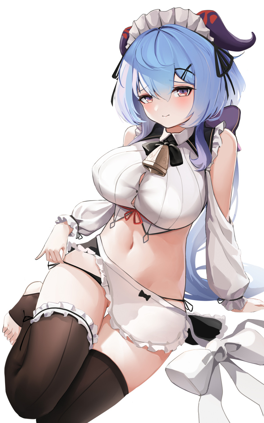 1girl absurdres alternate_costume apron bangs bare_shoulders bell berserker_r bikini bikini_bottom_only bikini_pull blue_hair blush bow bowtie breasts button_gap closed_mouth clothes_pull cowbell crop_top curled_horns enmaided frills ganyu_(genshin_impact) genshin_impact gradient_eyes highres horns large_breasts long_hair looking_at_viewer maid maid_apron maid_headdress multicolored_eyes navel neck_bell no_shoes purple_eyes revealing_clothes simple_background sitting solo stirrup_legwear stomach swimsuit thighhighs thighs toeless_legwear white_apron white_background yellow_eyes