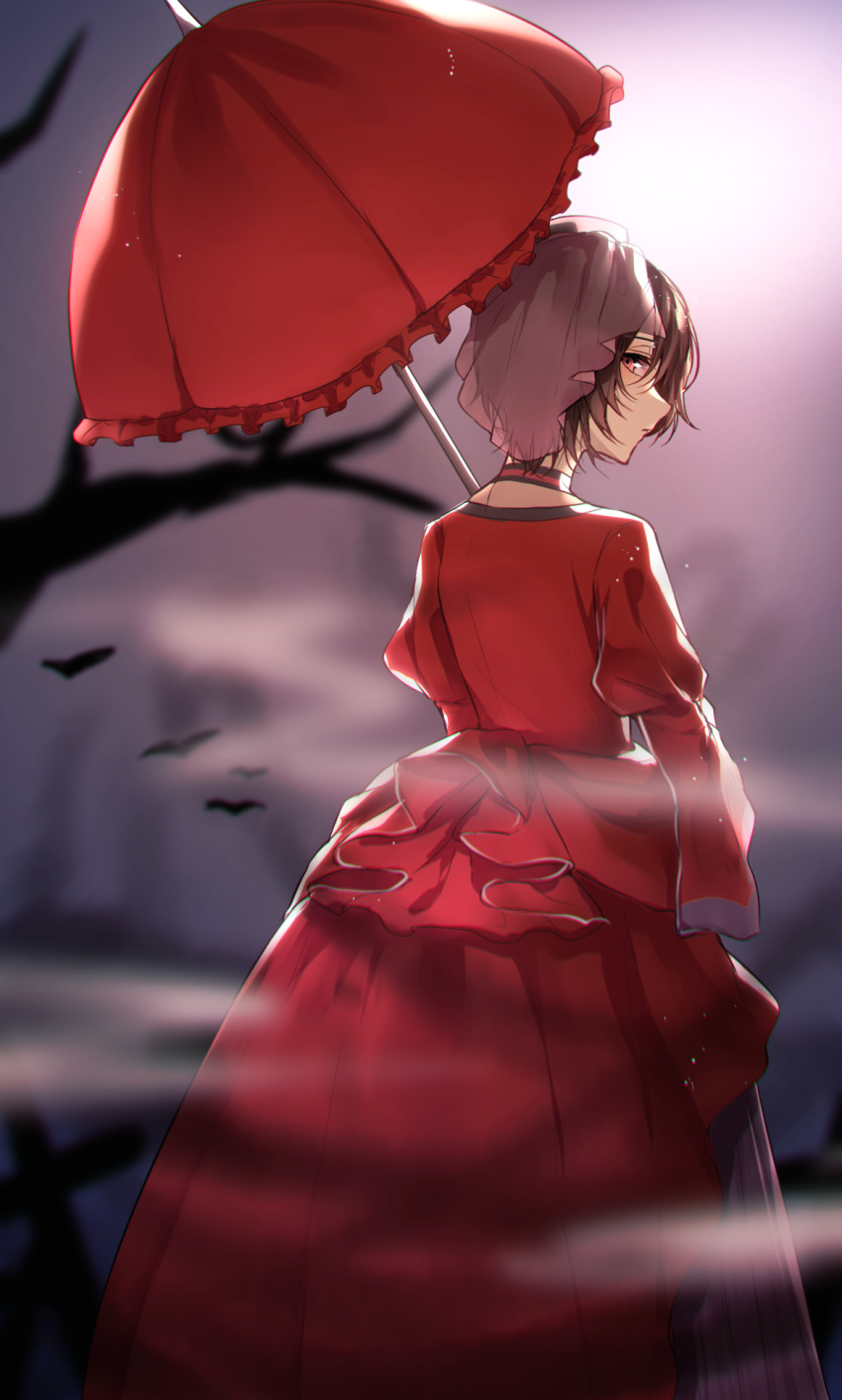 1girl akujiki_musume_conchita_(vocaloid) aryuma772 banica_conchita bat blurry blurry_background brown_hair choker closed_mouth dress evillious_nendaiki frilled_umbrella from_behind highres holding holding_umbrella long_dress long_sleeves looking_at_viewer looking_back meiko orange_eyes red_dress red_umbrella short_hair solo tombstone umbrella veil vocaloid