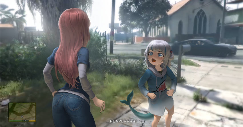 2girls arched_back ass bangs black_nails blunt_bangs car clenched_hands cosplay denim fake_screenshot fish_tail franklin_clinton franklin_clinton_(cosplay) from_behind gawr_gura grand_theft_auto grand_theft_auto_v grass ground_vehicle highres hololive hololive_english hood hoodie infi jeans lamar_davis leaning_forward long_hair looking_up medium_hair meme minimap mori_calliope motor_vehicle multiple_girls open_mouth pants parody pink_hair scene_reference shark_tail sharp_teeth silver_hair skeleton subtitled tail teeth tree two_side_up virtual_youtuber yee-yee_ass_haircut