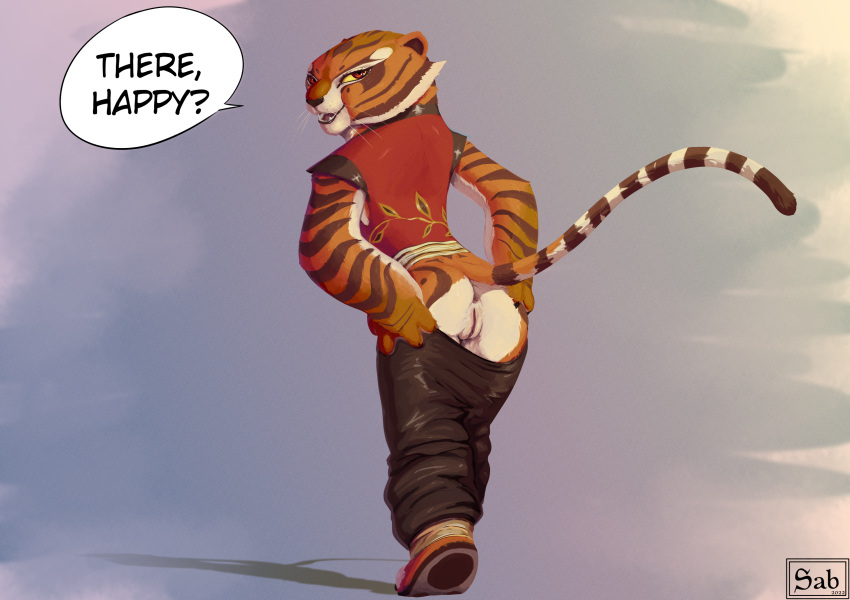 anthro anus butt clothing dreamworks felid female genitals hi_res kung_fu_panda mammal master_tigress pantherine pussy sabrotiger solo spread_butt spreading tiger undressing