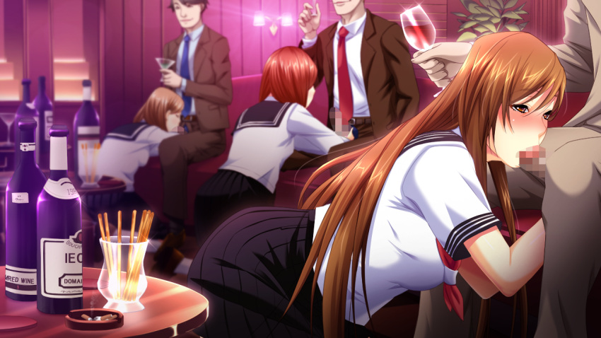 3girls bangs black_sailor_collar black_skirt blue_neckwear blurry blurry_background blush brown_eyes brown_hair brown_jacket censored closed_eyes collared_shirt cup eyebrows_visible_through_hair fellatio game_cg grey_jacket hair_between_eyes half-closed_eyes holding holding_cup indoors jacket kneeling kuroishi_ringo leaning_forward long_hair long_sleeves mosaic_censoring multiple_girls neckerchief necktie oral ore_no_kanojo_ga_shuushoku_shita_kaisha_wa;_black_kigyou_datta penis pleated_skirt red_hair red_neckwear sailor_collar sailor_shirt school_uniform serafuku shiny shiny_hair shirt short_hair short_sleeves skirt sparkle straight_hair very_long_hair white_shirt wing_collar