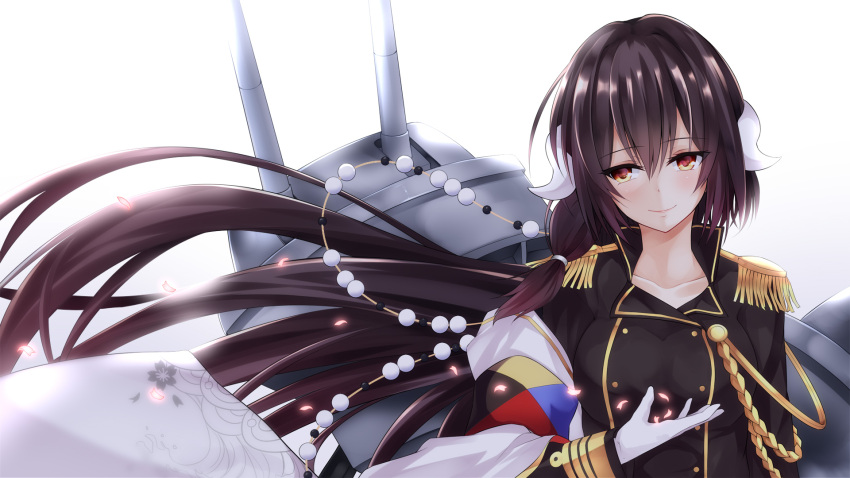 1girl azur_lane black_hair blush breasts brown_hair cherry_blossoms eyebrows_visible_through_hair gloves hair_between_eyes highres horns japanese_clothes long_hair looking_away mikasa_(azur_lane) military military_uniform oni simple_background smile solo tatsuno_(saya-tatsuno) uniform white_background white_gloves yellow_eyes z_flag