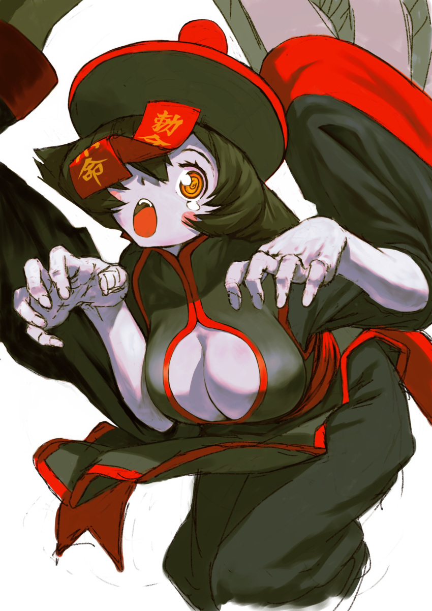 1girl absurdres arms_up blue_hair blue_skin blush_stickers breasts china_dress chinese_clothes chinese_text claws cleavage cleavage_cutout clothing_cutout colored_skin dress fighting_stance hair_over_one_eye hat highres jiangshi large_breasts leaning_forward lei_lei looking_at_viewer ofuda oono_tsutomu open_mouth orange_eyes pose qing_guanmao sharp_teeth short_hair simple_background solo teeth vampire_(game) white_background wide_sleeves