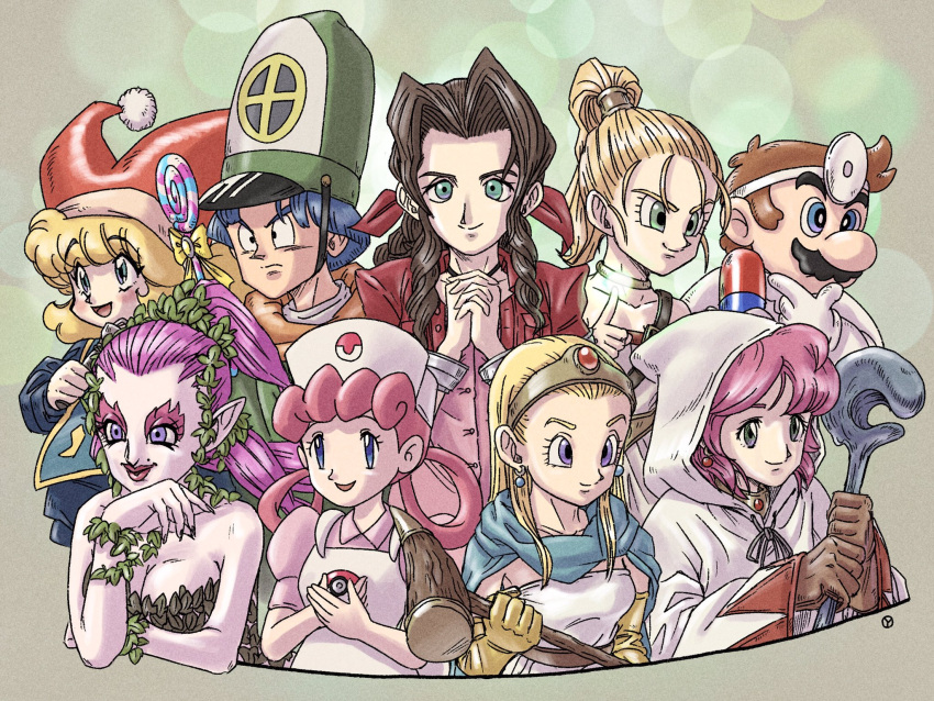 2boys aerith_gainsborough blonde_hair blue_eyes breasts brown_hair character_request chrono_trigger closed_mouth copyright_request crossover dr._mario dr._mario_(game) dragon_quest dragon_quest_iii earrings final_fantasy final_fantasy_vii green_eyes highres jewelry joy_(pokemon) long_hair marle_(chrono_trigger) medium_hair multiple_boys multiple_girls pokemon ponytail seiken_densetsu short_hair smile the_legend_of_zelda trait_connection white_mage yuto_sakurai