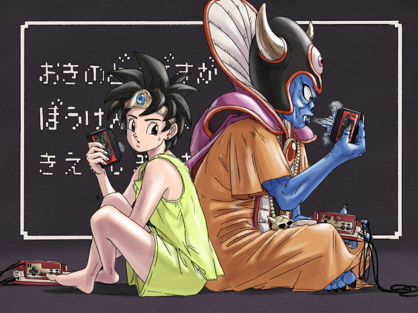 1boy 1girl barefoot blue_skin cape colored_skin dragon_quest dragon_quest_iii famicom feet full_body game_console helmet highres horns roto short_hair sweatdrop yuto_sakurai zoma