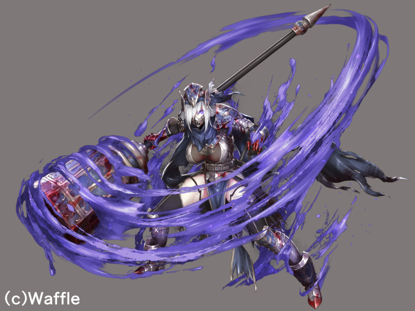 1girl armor aura black_legwear blood blood_on_weapon dark_aura eden's_ritter_grenze eden_grenze eyebrows_visible_through_hair gauntlets greaves grey_background grey_hair hair_over_one_eye helmet holding holding_weapon huge_weapon kageshio_(276006) long_hair mask mouth_mask official_art pauldrons purple_eyes scar scar_on_leg see-through shoulder_armor silver_(eden) simple_background single_pauldron solo thighhighs vambraces weapon winged_helmet