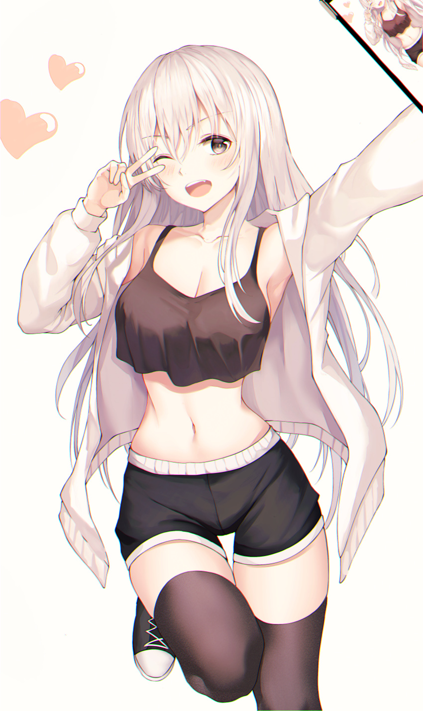 1girl ;d absurdres arm_up armpits bare_shoulders black_eyes black_legwear black_shirt black_shorts breasts camisole cleavage collarbone crop_top crop_top_overhang fang hand_up heart highres holding holding_phone jacket large_breasts leg_up long_hair long_sleeves midriff muyang navel off_shoulder one_eye_closed open_clothes open_jacket original outstretched_arm phone pose revealing_clothes selfie shirt shoes short_shorts shorts sleeveless sleeveless_shirt smile sneakers solo spaghetti_strap stomach thighhighs thighs v very_long_hair white_hair white_jacket